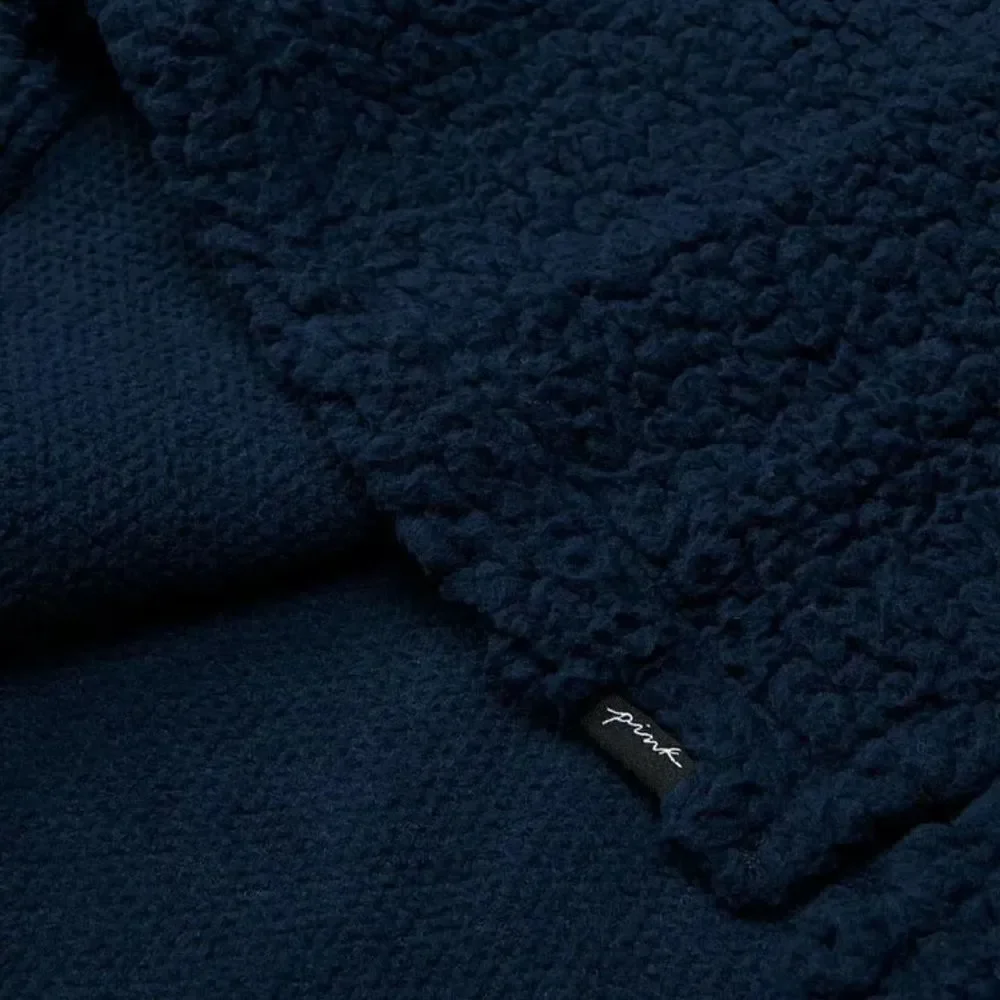 Victoria’s Secret Pink Varsity Sherpa Half Zip Pullover cozy Hoodie Ensing Blue